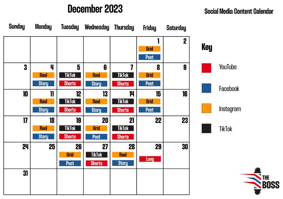 A social media content calendar for The Boss brand for December 2023. The calendar shows scheduled posts for Instagram, TikTok, Facebook, and YouTube. Each platform is color-coded: Instagram is orange, TikTok is black, Facebook is blue, and YouTube is red. The calendar includes different content types such as Instagram Reels, Grid Posts, TikTok videos, Facebook Stories and Posts, and YouTube Shorts and a Long video. Content is scheduled several times a week, with Instagram and Facebook posts appearing most frequently on Mondays and Fridays, TikToks on Tuesdays and Thursdays, and YouTube Shorts mostly on Tuesdays and Thursdays. The key is shown on the right-hand side, and The Boss logo appears in the bottom right corner.